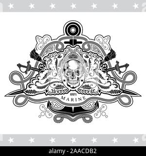 Skull front view in center of floral pattern with cross saber and anchor behind. Marine label isolated on white Stock Vector