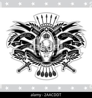 Skull front view with cross arrows and swords in center of winding ribbon pattern. Heraldic vintage label on white Stock Vector