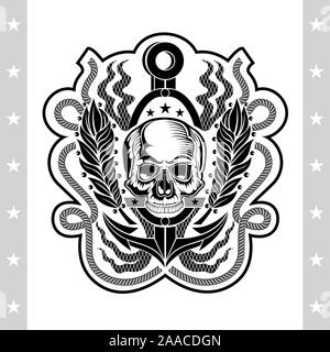 Skull front view without a lower jaw between lourel branch and anchor behind. Vintage label isolated on white Stock Vector