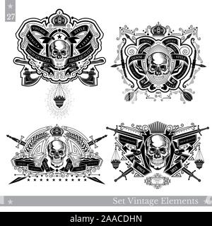 Skull front view with winding ribbons and cross vintage weapon. Set of vintage banners on white Stock Vector