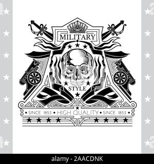 Skull front view without lower jaw between winding ribbons cannons and cross swords behind. Heraldic vintage label on white Stock Vector