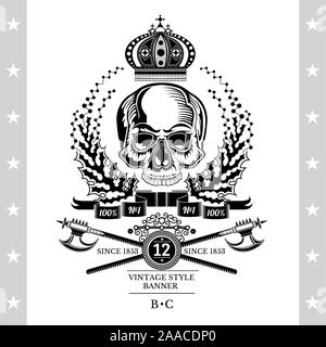 Skull front view without a lower jaw in center of floral wreath with cross halberd under. Heraldic vintage label on white Stock Vector
