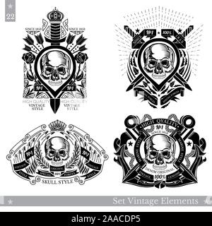 skull front view without a lower jaw with diferent pattern around. Set of vintage banners on white Stock Vector