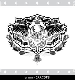 Skull front view without a lower jaw between wings, ribbon with cross arows. Vintage label isolated on white Stock Vector