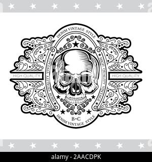 Skull front view without a lower jaw in center of line pattern. Heraldic vintage label on white Stock Vector