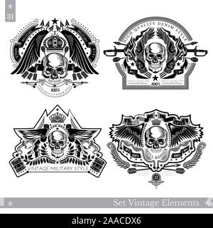 Skull front view with vintage elements, weapon and wings. Set of vintage banners on white Stock Vector