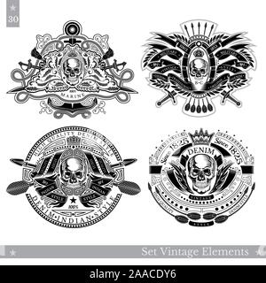 Skull with vintage elements, weapon, pattern. Set of vintage and nautical banners on white Stock Vector