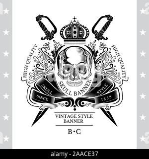 Skull front view without lower jaw in center floral line pattern and winding ribbon with cross sabers behind. Heraldic vintage label on white Stock Vector