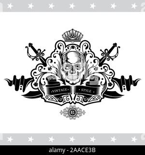 Skull front view without lower jaw in center floral pattern and winding ribbon with cross sabers behind. Heraldic vintage label on white Stock Vector