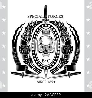 Vertical sword with skull front view in center oval frame between laurel wreath and ribbons. Vintage label isolated on white Stock Vector