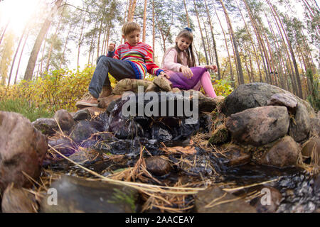 Children walk in nature. Seven year old boy and girl in the forest Stock Photo