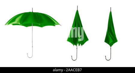 Set of green retro umbrella isolated on a white background. Step to open the umbrella Stock Photo