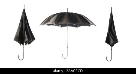 Three black umbrellas on a white background. Umbrella opening step. Stock Photo
