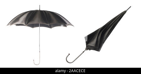 Two black umbrellas on a white background. Umbrella opening step. Stock Photo