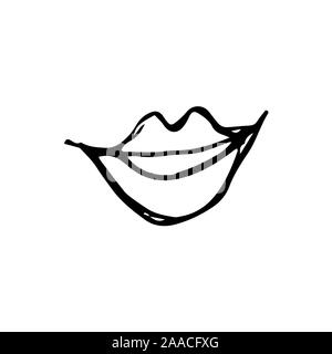 Smiling lips. Hand drawing sketch for Valentine's Day. Black outline can be printed on textile, wallpaper, wrapping paper, greeting cards, used in logo, banner, landing page. Vector Illustration. EPS10 Stock Vector