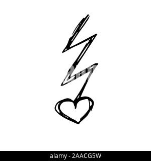 Lightning in heart. Hand drawing sketch for Valentine's Day. Black outline can be printed on textile, wallpaper, wrapping paper, greeting cards, used in logo, banner, landing page. Vector Illustration. EPS10 Stock Vector
