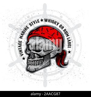 Color skull with ban dana in engraving style in center of steering wheel. Vector marine design elements on white Stock Vector