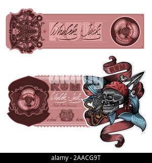 Set of labels with color skull smoking pipe and whale in engraving style. Vector marine design elements on white Stock Vector