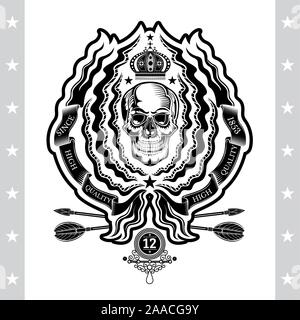 Skull front view in center of abstract wreath from plant and ribbons with cross arrows under. Heraldic vintage label on white Stock Vector