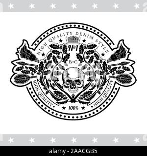 Skull front view in center oak wreath with cross arrows and torches . Heraldic vintage label on white Stock Vector