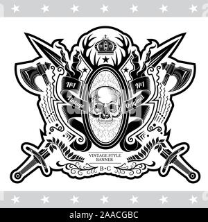 Skull front view in center of oval wreath wrapped by ribbon with cross sword and axe. Heraldic vintage label on white Stock Vector