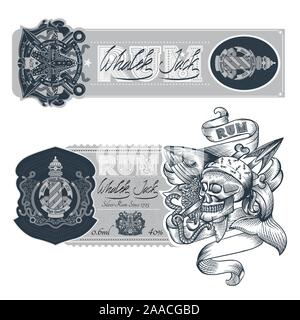 Set of labels with Skull smoking pipe and whale in engraving style. Vector marine design elements on white Stock Vector