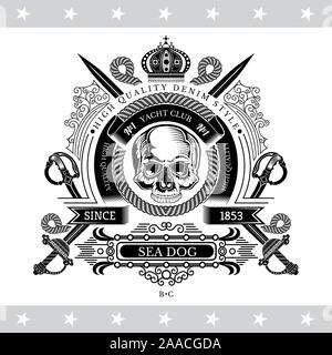 Skull front view in center of round ribbon with cross sabers behind. Marine label isolated on white Stock Vector