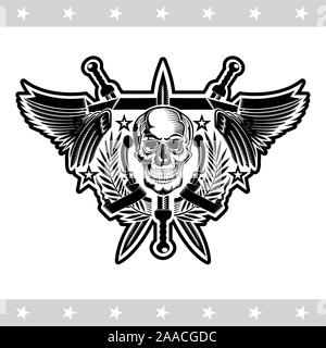 Front view skull in center of wreath between with wings and crossed swords. Vector heraldic design elements Stock Vector