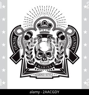 Skull front view in center wreath with crossed harpoon and bones. Heraldic vintage label on white Stock Vector