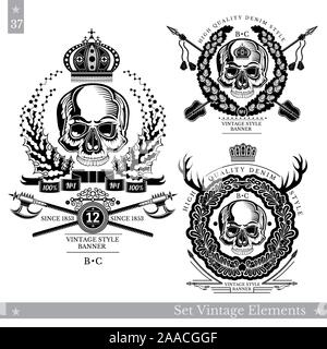 Skull front view without a lower jaw in the center of floral wreath with vintage weapon. Set of vintage banners on white Stock Vector