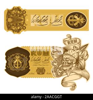 Set of yellow labels with Skull smoking pipe and whale in engraving style. Vector marine design elements on white Stock Vector