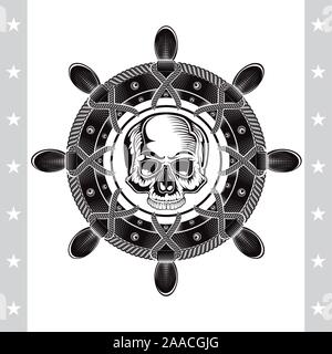 Skull front view in center of ship wheel. Marine vintage label on white Stock Vector