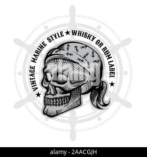 Skull with bandana in engraving style in center of steering wheel. Vector marine design elements on white Stock Vector