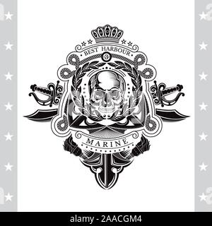 Skull front view in center of wreath with cross swords and anchor behind. Heraldic vintage label on white Stock Vector