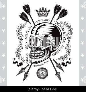 Skull with cross arrows with ray and crown. Military heraldic habel on white background Stock Vector