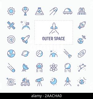planets, galaxy, solar system and space vehicles - thin line website, application & presentation icon. simple and minimal vector icon and illustration Stock Vector