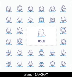 Users, avatar and profile picture - thin line website, application & presentation icon. simple and minimal vector icon and illustration collection. Stock Vector