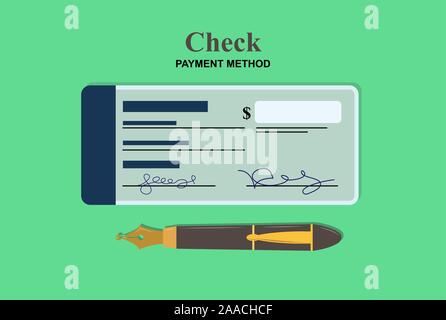 paper check with signatures and an ink pen. Flat design. Stock Vector