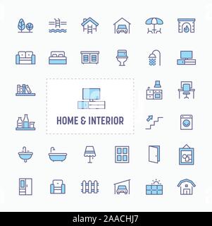 Home, interior & furniture - thin line website, application & presentation icon. simple and minimal vector icon and illustration collection. Stock Vector
