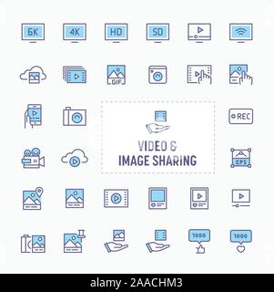 Video & image sharing - thin line website, application & presentation icon. simple and minimal vector icon and illustration collection. Stock Vector