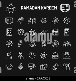 Simple white line icons isolated over black background related to islamic & ramadan. Vector signs and symbols collections for website and design templ Stock Vector