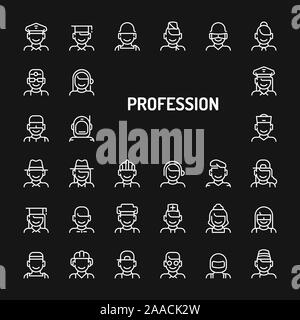 Simple white line icons isolated over black background related to professions, occupations & employments. Vector signs and symbols collections for web Stock Vector