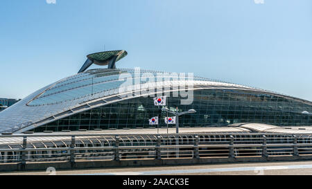 Incheon Korea , 8 October 2019 : Incheon international Airport terminal building exterior view of AREX train station and Korean flags in Seoul South K Stock Photo