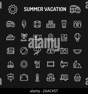 Simple white line icons isolated over black background related to summer vacation and beach. Vector signs and symbols collections for website and desi Stock Vector