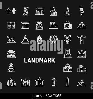Simple white line icons isolated over black background related to world's famous landmark and buildings. Vector signs and symbols collections for webs Stock Vector
