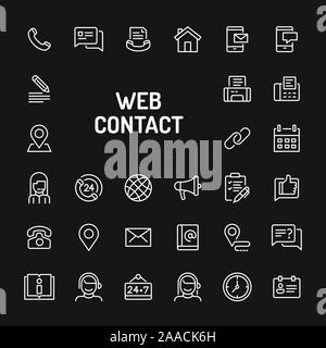 Simple white line icons isolated over black background related to Website and internet contact. Vector signs and symbols collections for website and d Stock Vector