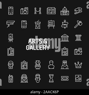 Simple white line icons isolated over black background related to arts gallery and historical museum. Vector signs and symbols collections for website Stock Vector