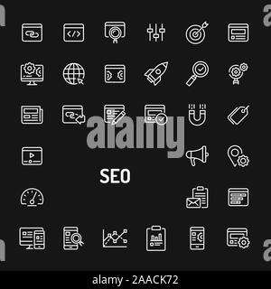 Simple white line icons isolated over black background related to Search Engine Optimisation (SEO). Vector signs and symbols collections for website a Stock Vector