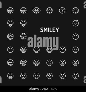 Simple white line icons isolated over black background related to smiley faces and emoticons. Vector signs and symbols collections for website and des Stock Vector