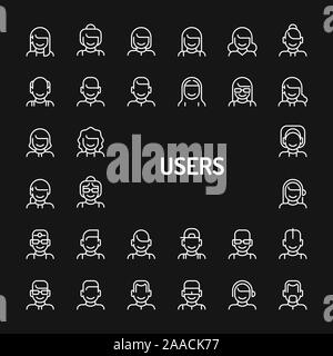Simple white line icons isolated over black background related to users, avatars and profile pictures. Vector signs and symbols collections for websit Stock Vector